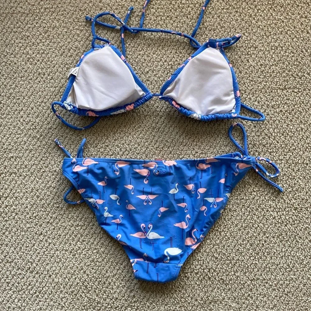 OP Girls Flamingo Bikini Set Triangle Adjustable Straps Blue Pink Size Large EUC